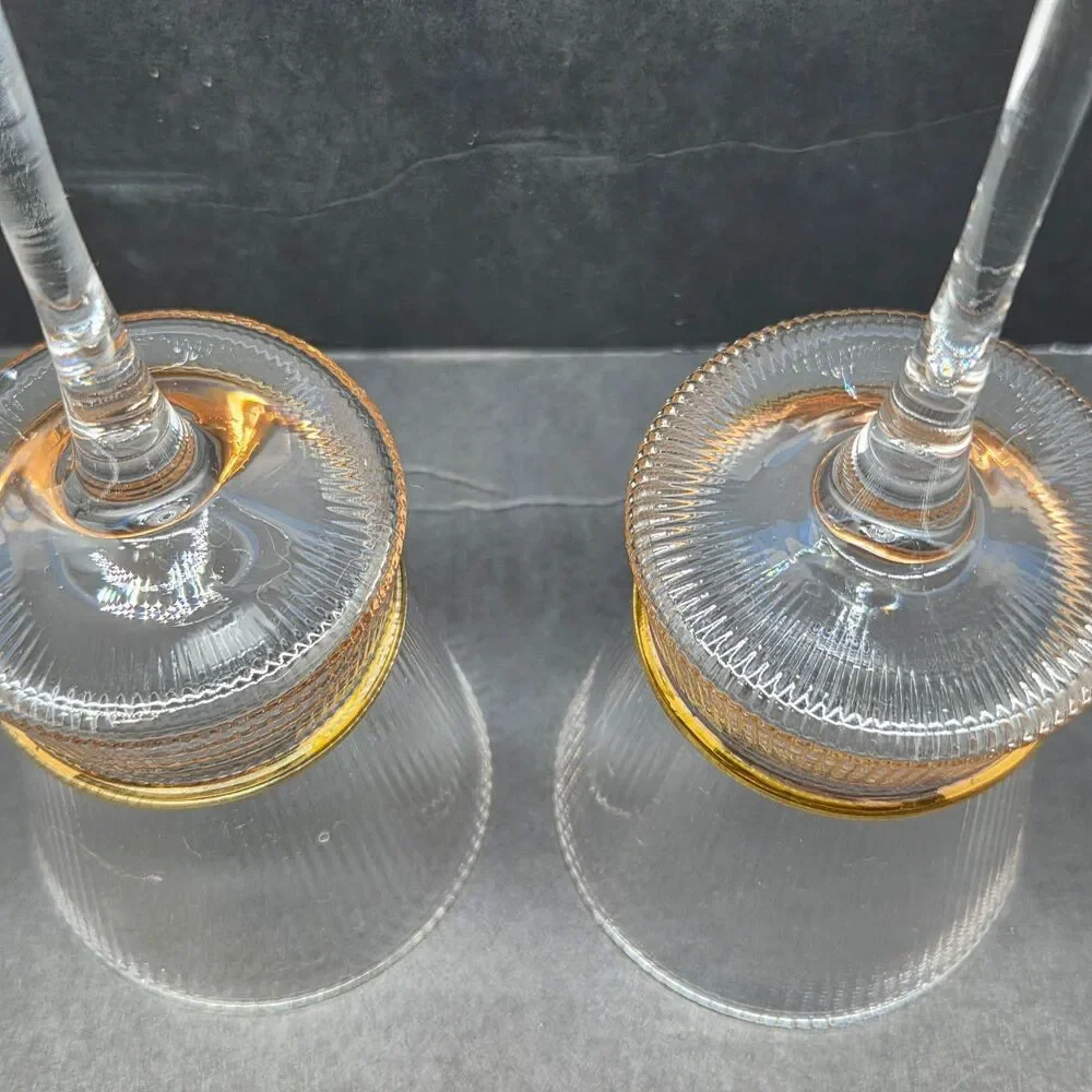 Ribbed Wine Glasses Set Of 2 With Gold Ring 9 1/4